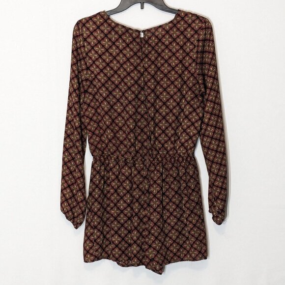 Women's FOREVER 21 Burgundy/Black, Chiffon Long Sleeve Romper; Open Back; Size M - Picture 2 of 5